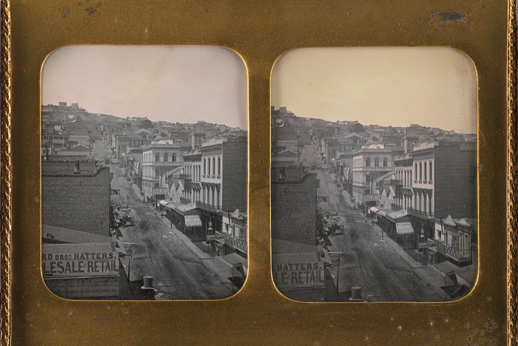 Robert H. Vance, View of Sacramento Street, San Francisco, California, c. 1854-56. Stereo daguerreotype, each image 2 ¾ x 2 3/16 in. (7 x 5.6 cm). Nelson-Atkins Museum of Art, Kansas City. Gift of Hallmark Cards, Inc.