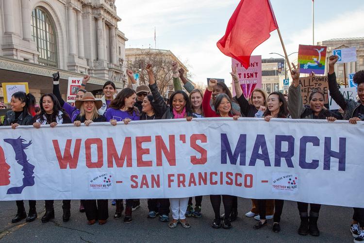 Marchers in the Community Contingent hold an official Women's March San Francisco banner, 18 January 2020, Pax Ahimsa Gethen